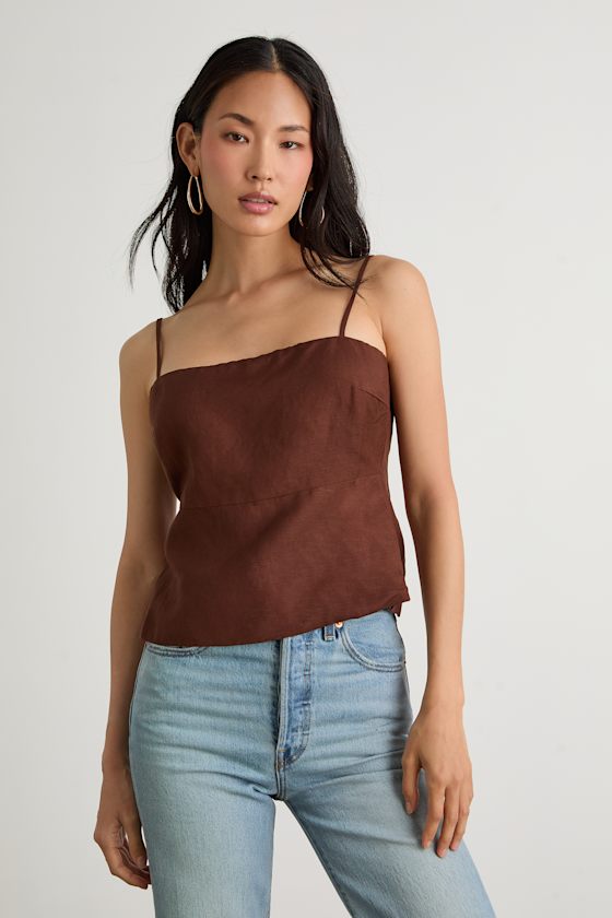 Wrynn Chocolate Brown Linen Tie-Back Tank Top