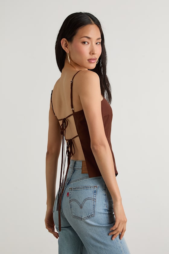 Wrynn Chocolate Brown Linen Tie-Back Tank Top