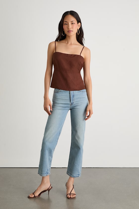 Wrynn Chocolate Brown Linen Tie-Back Tank Top