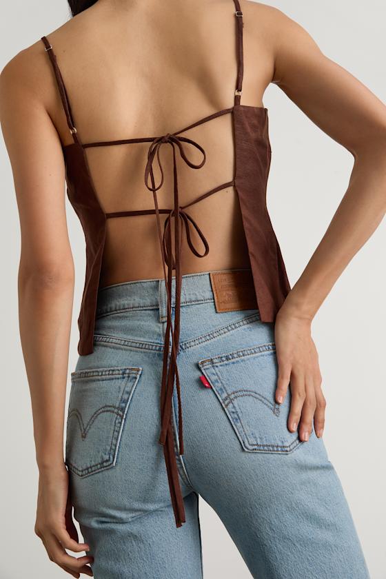 Wrynn Chocolate Brown Linen Tie-Back Tank Top