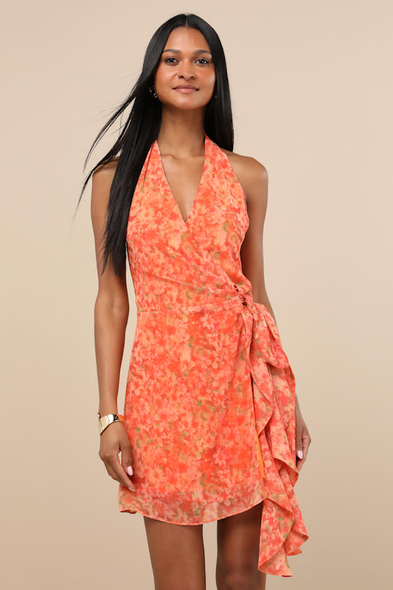 Felicita Orange Floral Halter Wrap Mini Dress