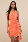 Felicita Orange Floral Halter Wrap Mini Dress