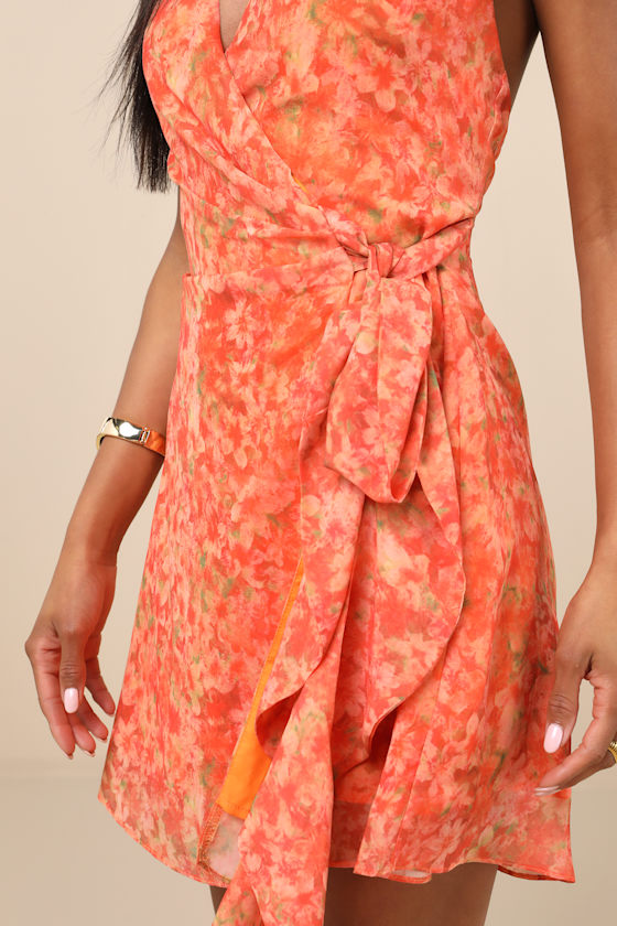 Felicita Orange Floral Halter Wrap Mini Dress