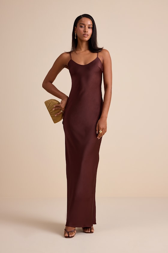 Janet Brown Satin Slip Maxi Dress