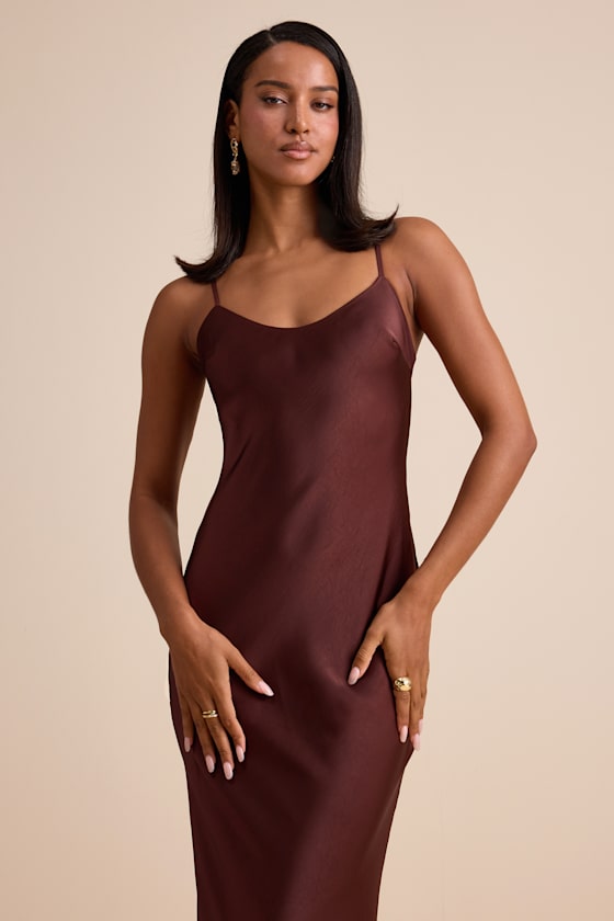 Janet Brown Satin Slip Maxi Dress