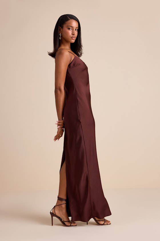 Janet Brown Satin Slip Maxi Dress