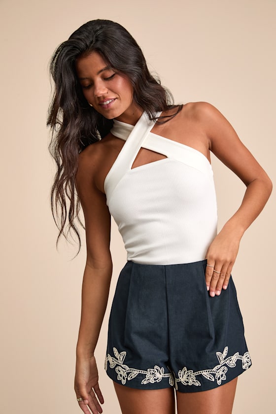 Sarella Navy Cotton High-Rise Embroidered Shorts