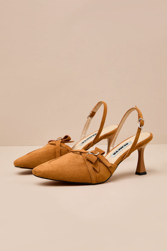 Bow Tan Suede Slingback Pumps
