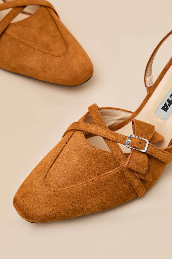 Bow Tan Suede Slingback Pumps