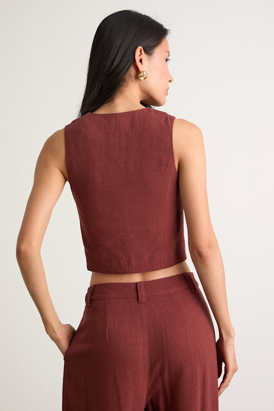 Suits You Perfectly Rust Brown Linen Vest