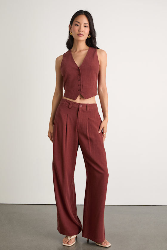 Suits You Perfectly Rust Brown Linen Vest
