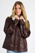 Soha Mahogany Brown Vegan Leather Faux Fur Jacket