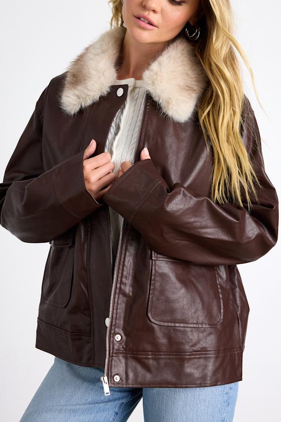 Soha Mahogany Brown Vegan Leather Faux Fur Jacket