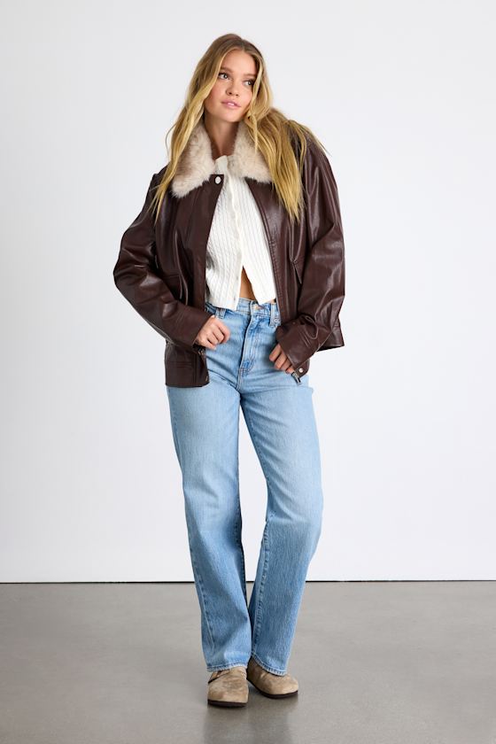 Soha Mahogany Brown Vegan Leather Faux Fur Jacket