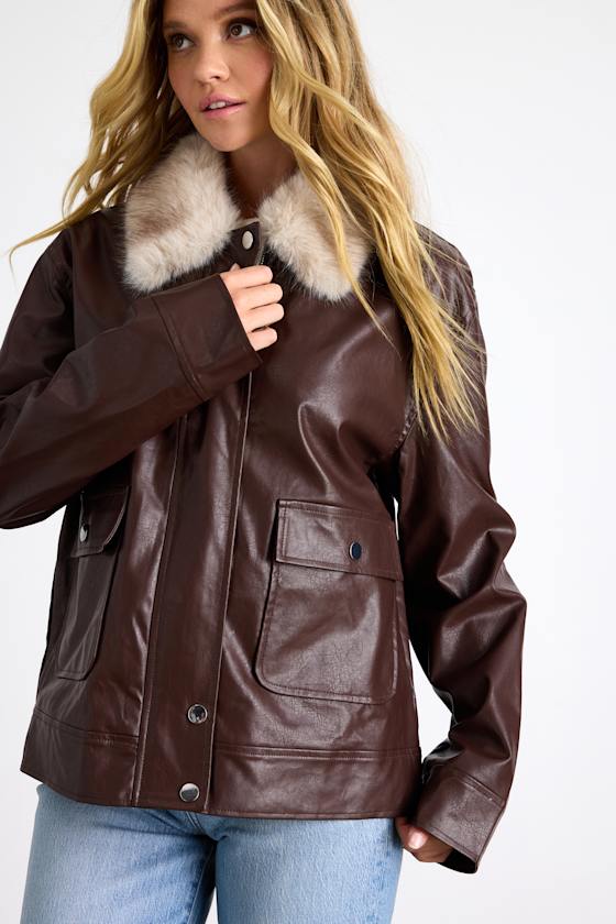 Soha Mahogany Brown Vegan Leather Faux Fur Jacket