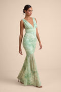 Jamie Mint Green Floral Mesh Sheer Hem Maxi Dress