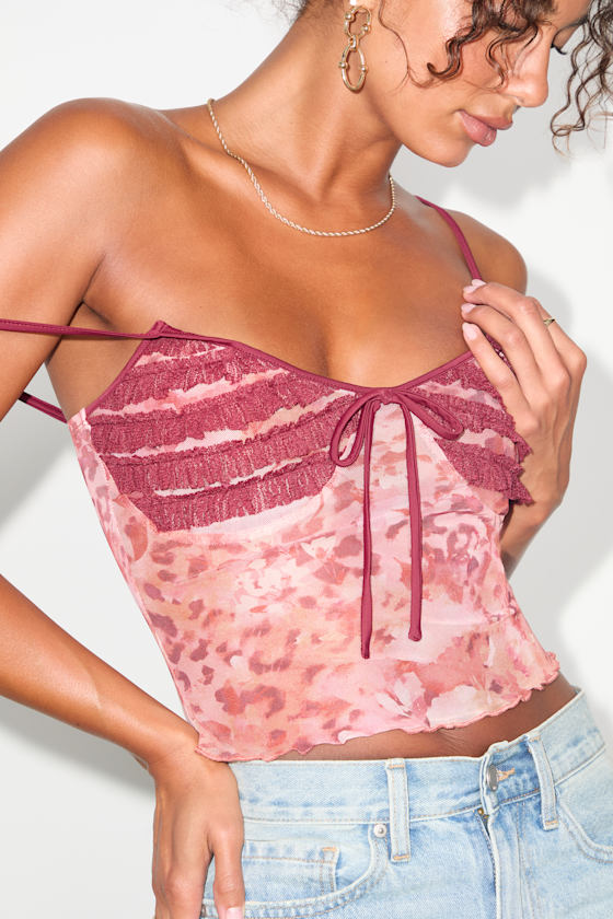 Taisiya Pink and Burgundy Ruffled Mesh Cami Top