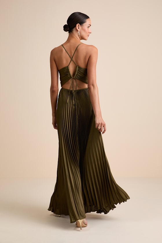 Dreaming in Color Olive Green V-Neck Pleated Satin Maxi Dress