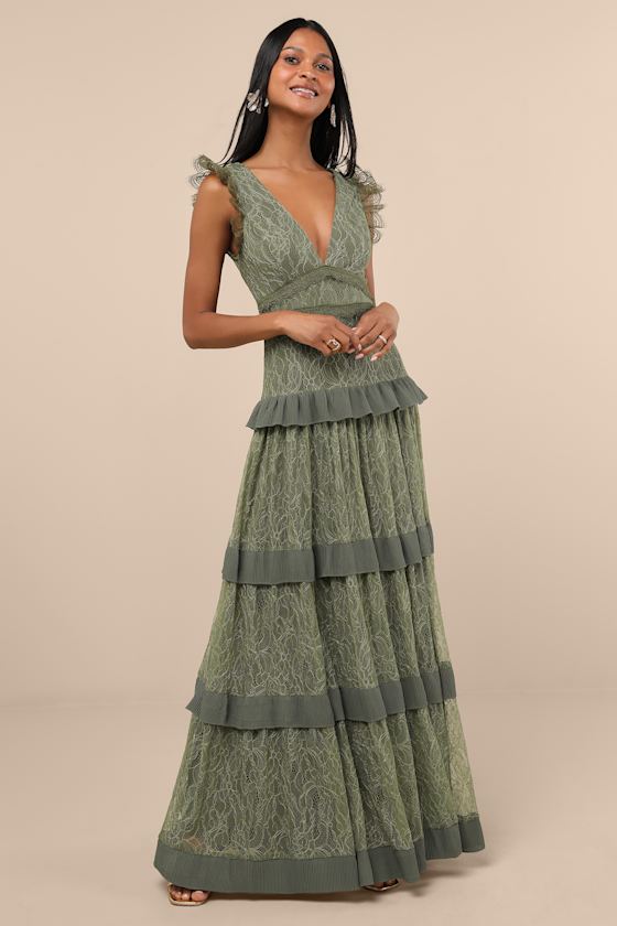 Marvelous Darling Olive Lace Ruffled Tiered Maxi Dress