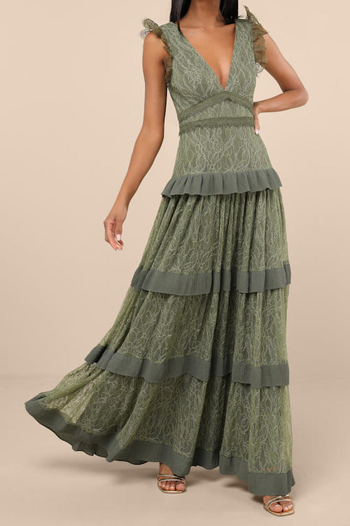 Marvelous Darling Olive Lace Ruffled Tiered Maxi Dress