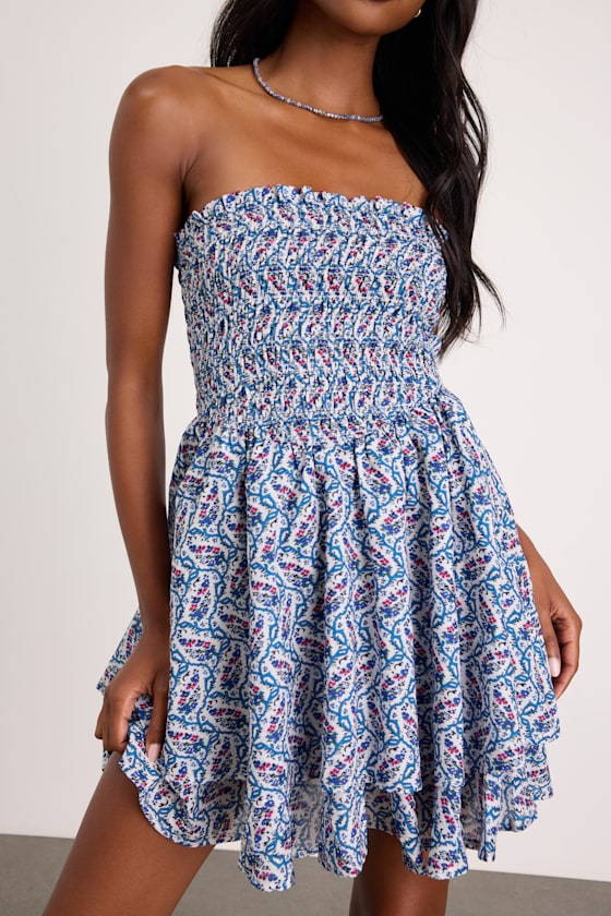 Carson Ivory and Blue Geometric Print Smocked Mini Dress