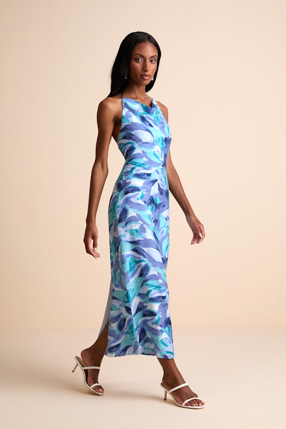 Valdria Blue Abstract Cowl Halter Midi Dress