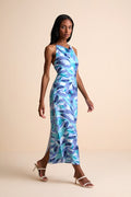 Valdria Blue Abstract Cowl Halter Midi Dress