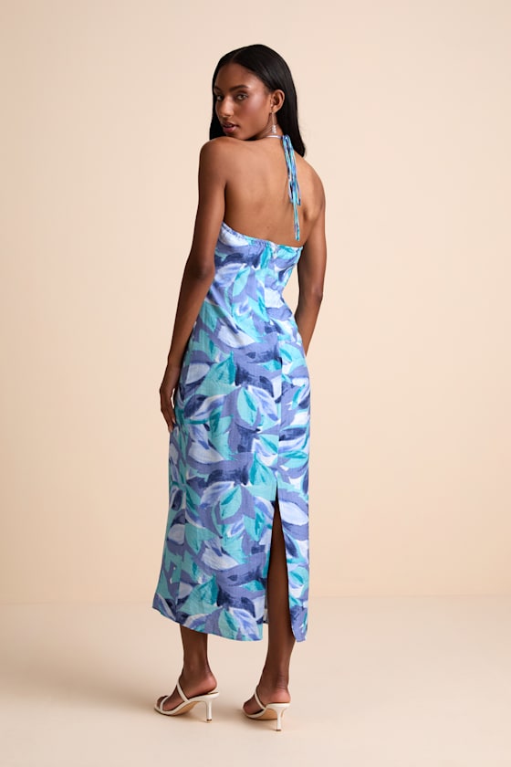 Valdria Blue Abstract Cowl Halter Midi Dress