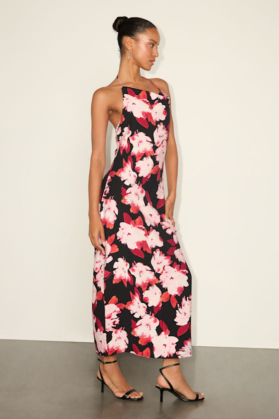 Valdria Black Floral Cowl Halter Midi Dress