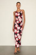 Valdria Black Floral Cowl Halter Midi Dress