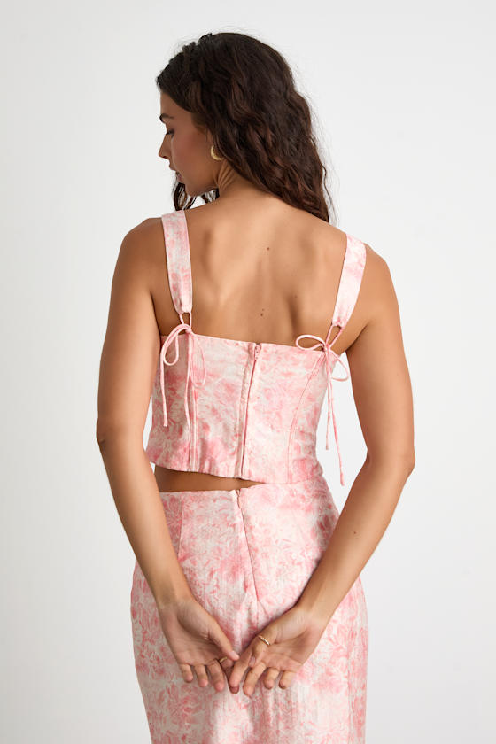 Lynelle Pink Floral Textured Sleeveless Bustier Top