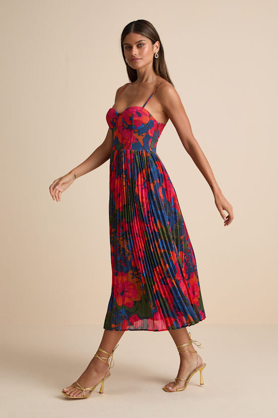 Dorothy Dark Blue Multi Floral Print Pleated Midi Dress