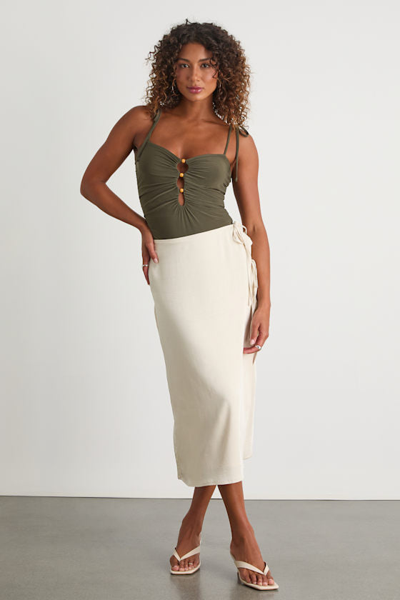 Zaynah Olive Green Tie-Strap Cutout Bodysuit