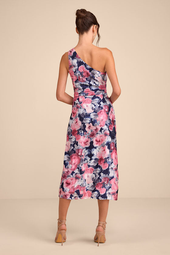Jemmilah Navy Floral Textured One-Shoulder Midi Dress