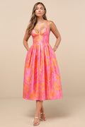 Vivinna Pink and Orange Floral Jacquard Pleated Midi Dress