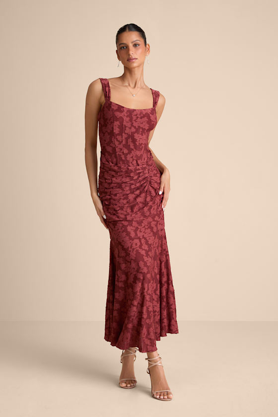 Celeste Rust Red Floral Burnout Bustier Maxi Dress