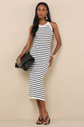 Tove White Striped Ribbed Knit Bodycon Midi Dress