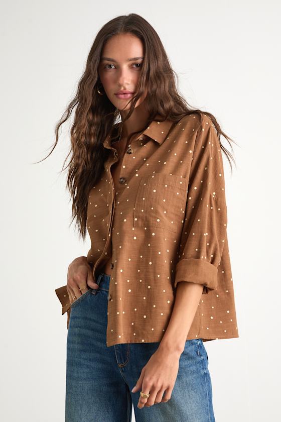 Amelia Dawn Brown Polka Dot Long Sleeve Button-Up Top