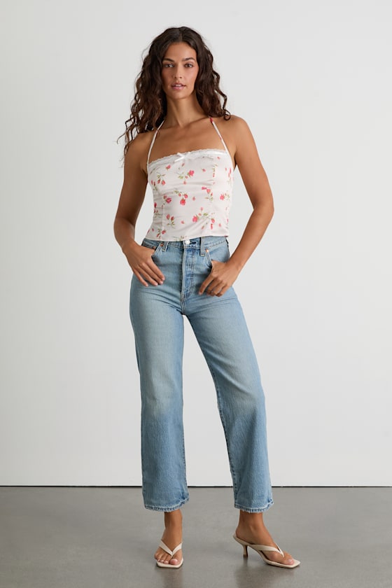 Demi White Floral Satin Halter Cami Top