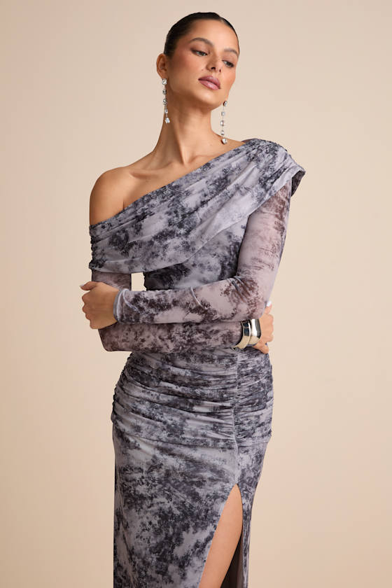 Darla Grey Tie-Dye Mesh One-Shoulder Long Sleeve Maxi Dress