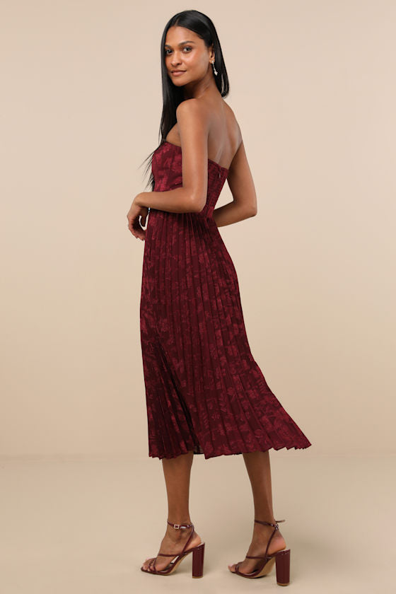 Perfectly Stunning Burgundy Jacquard Strapless Midi Dress