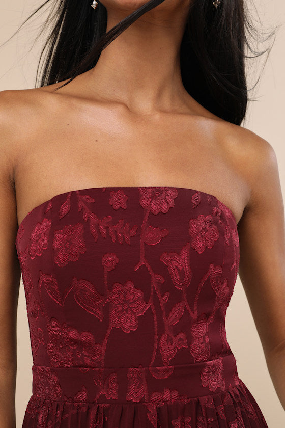 Perfectly Stunning Burgundy Jacquard Strapless Midi Dress