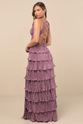 Beauty Icon Dusty Purple Satin Pleated Tiered Lace-Up Maxi Dress