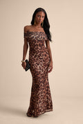 Dunia Brown Leopard Print Mesh Off-the-Shoulder Maxi Dress
