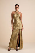 Knoxley Shiny Gold Lurex Cross-Front Halter Maxi Dress