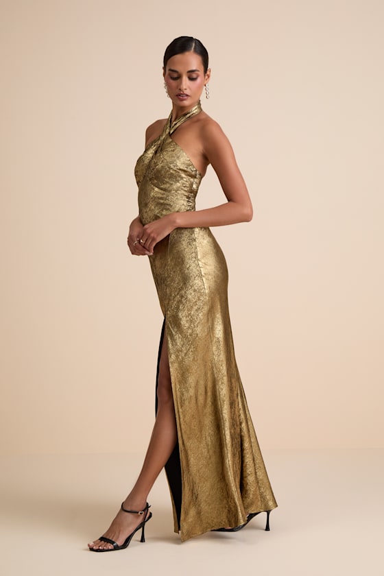 Knoxley Shiny Gold Lurex Cross-Front Halter Maxi Dress