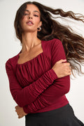 Bloom Heart Wine Red Gathered Long Sleeve Top