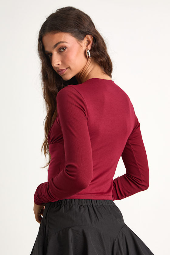 Bloom Heart Wine Red Gathered Long Sleeve Top