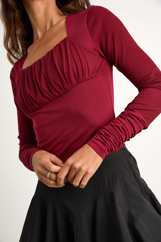 Bloom Heart Wine Red Gathered Long Sleeve Top