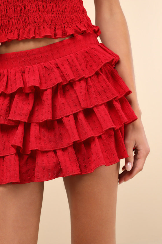 Izzy Red Smocked Tiered Two-Piece Skort Romper